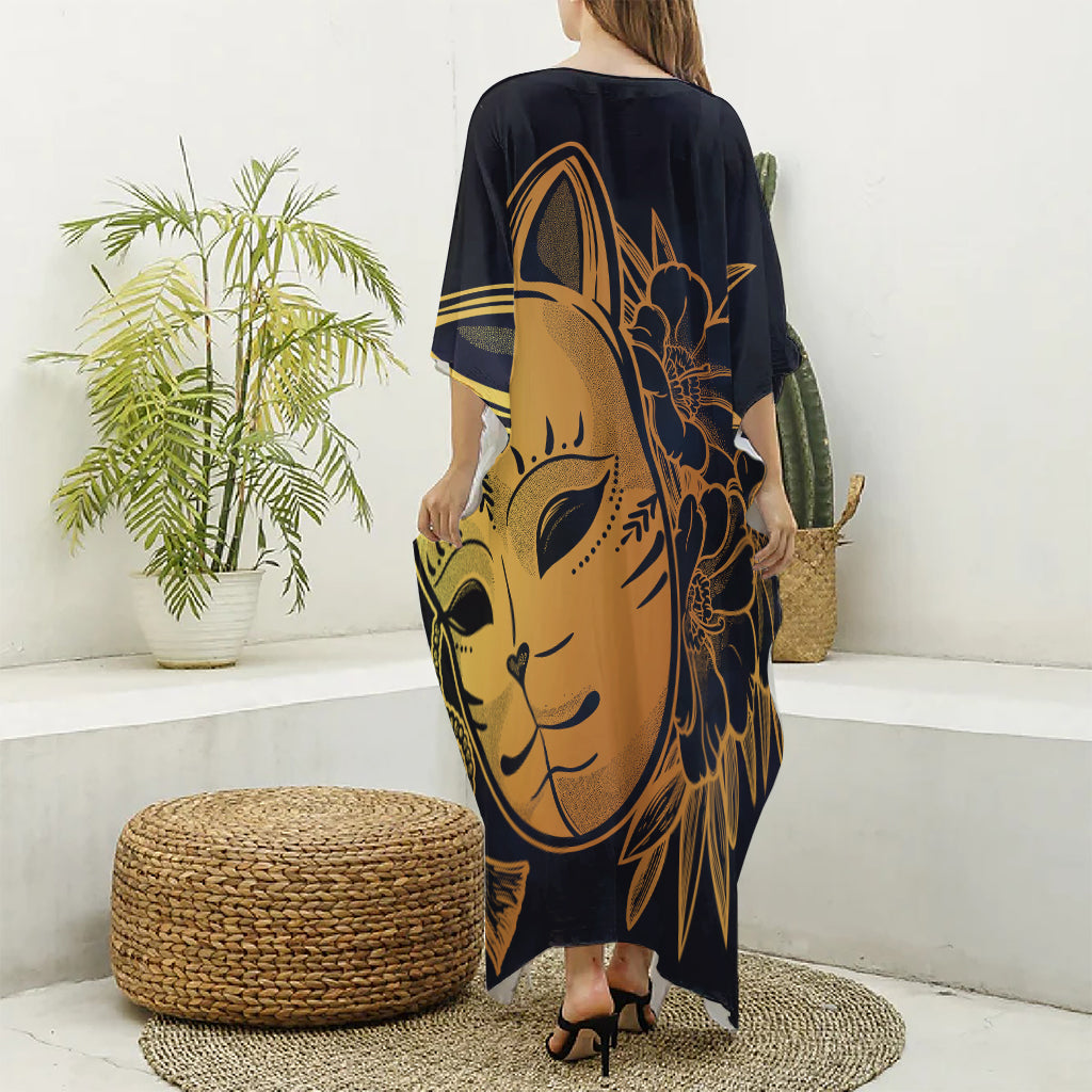 Japanese Fox Mask Print Silk V-Neck Kaftan Dress