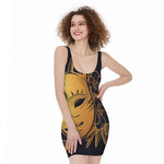 Japanese Fox Mask Print Sleeveless Bodycon Dress