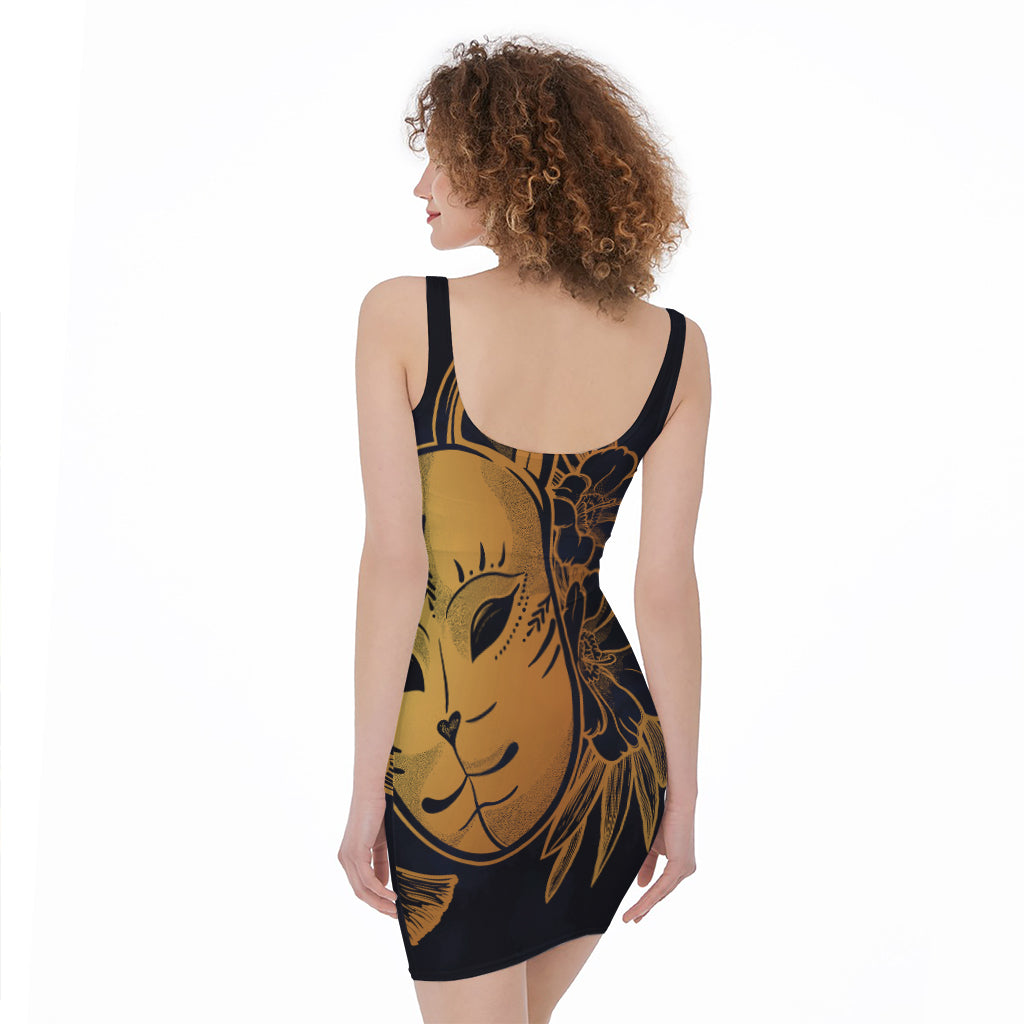 Japanese Fox Mask Print Sleeveless Bodycon Dress