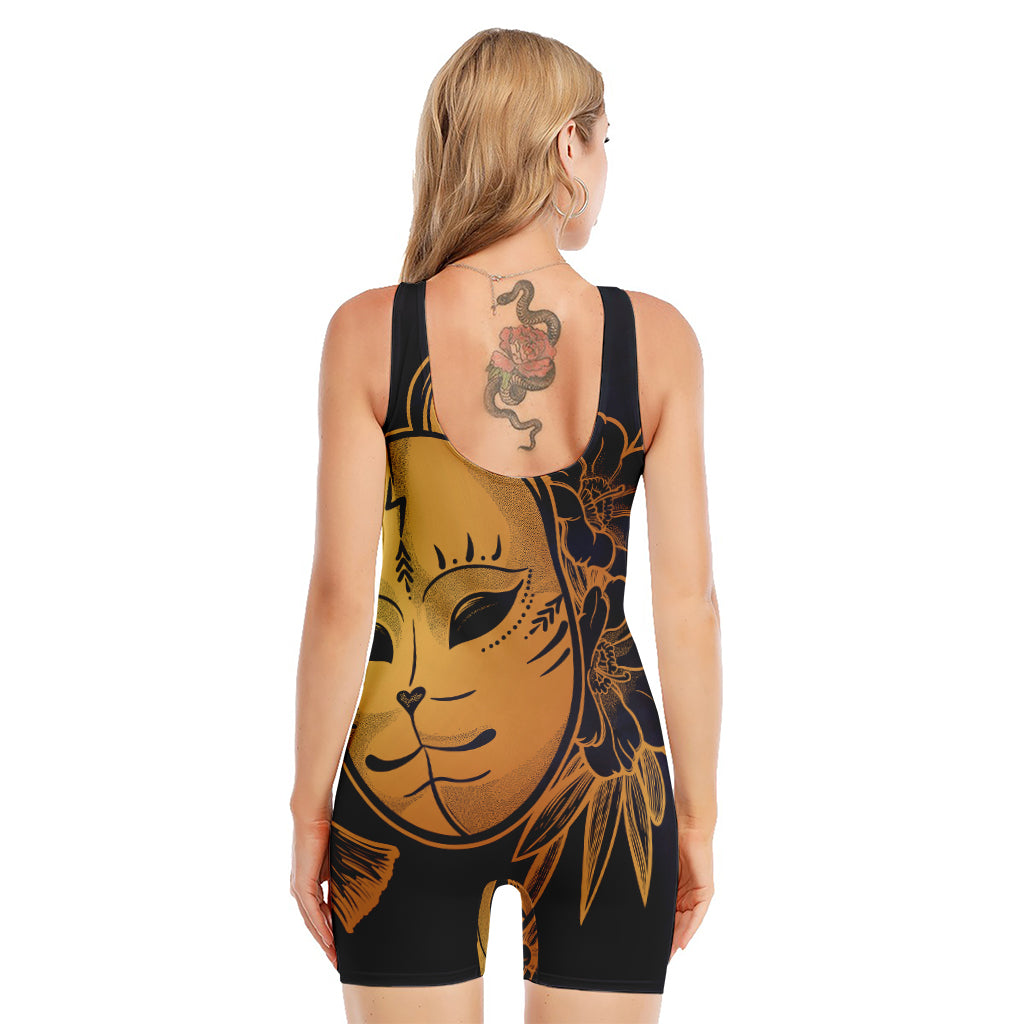 Japanese Fox Mask Print Sleeveless One Piece Swimsuit