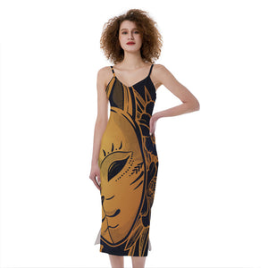 Japanese Fox Mask Print Slim Fit Midi Cami Dress