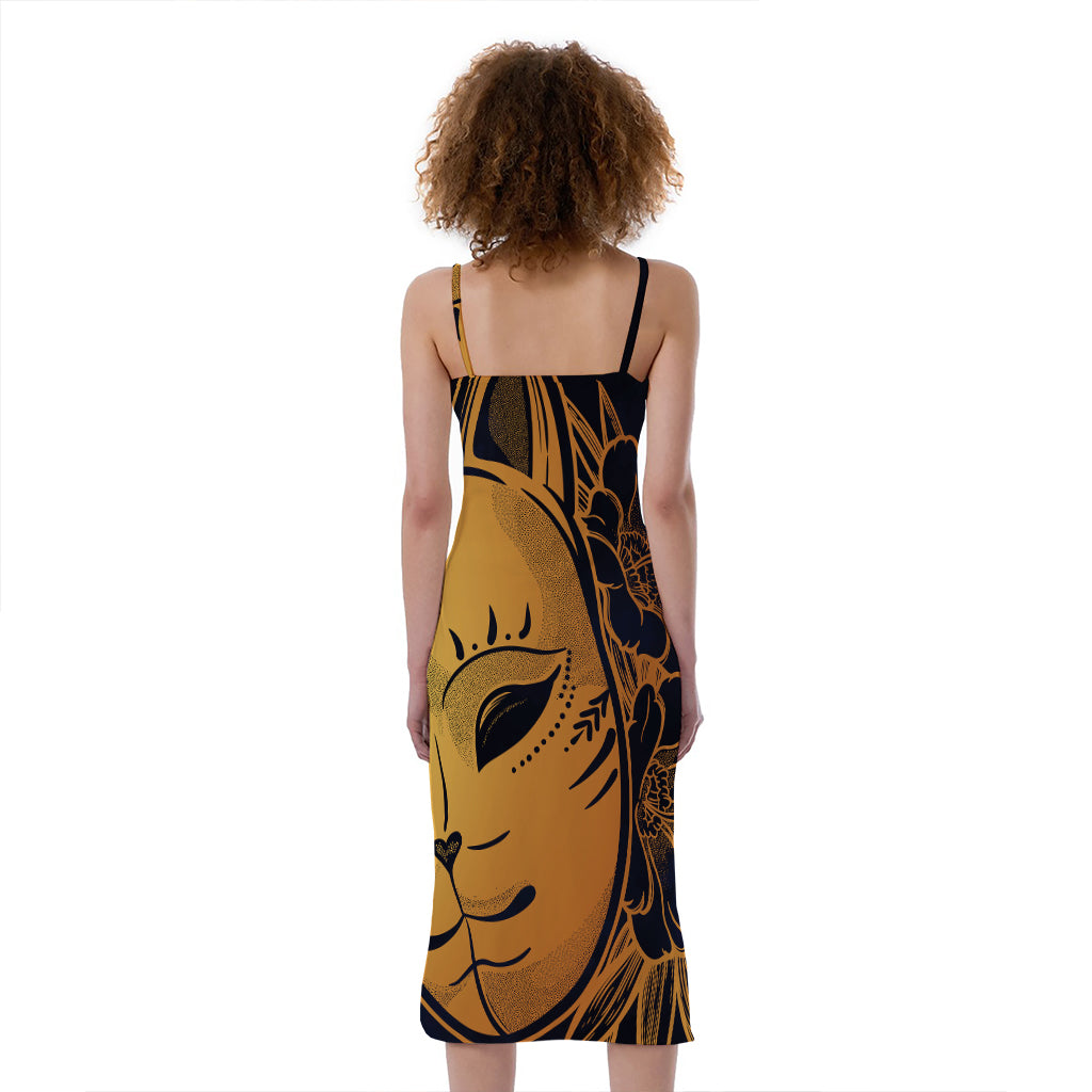 Japanese Fox Mask Print Slim Fit Midi Cami Dress