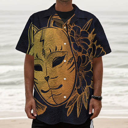 Japanese Fox Mask Print Textured Short Sleeve Shirt