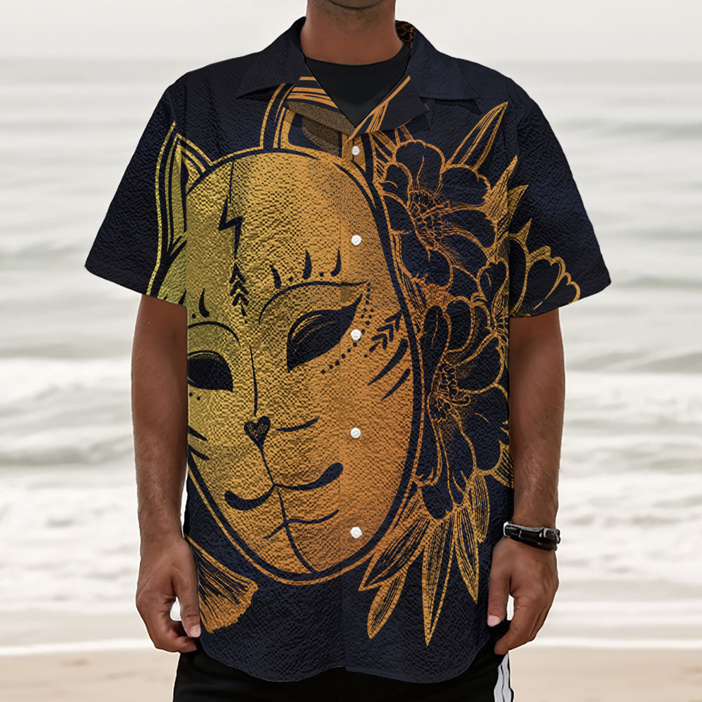 Japanese Fox Mask Print Textured Short Sleeve Shirt