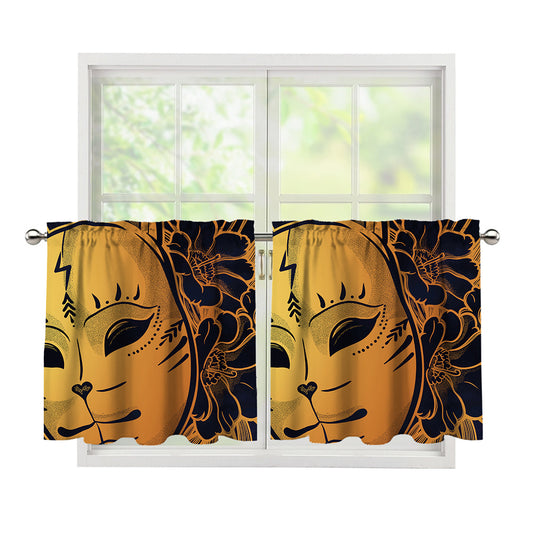Japanese Fox Mask Print Tier Curtains