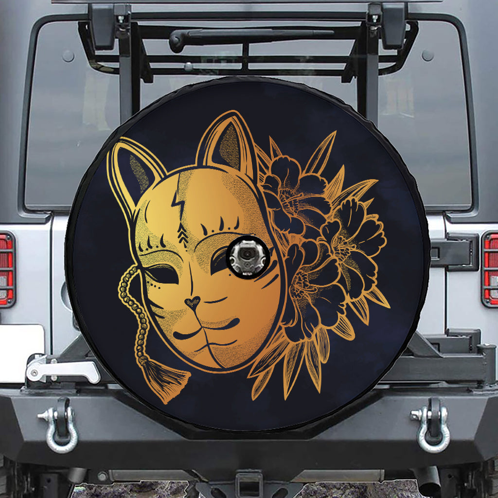 Japanese Fox Mask Print Tire Cover With Camera Hole