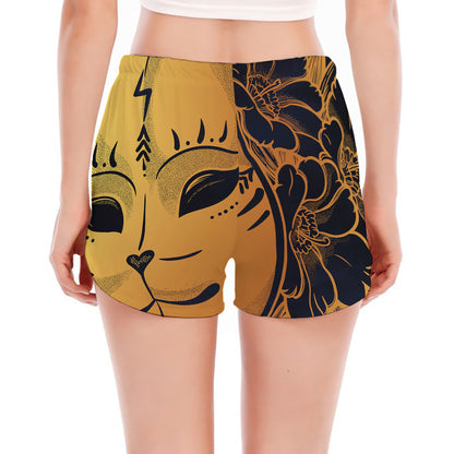 Japanese Fox Mask Print Women's Split Running Shorts