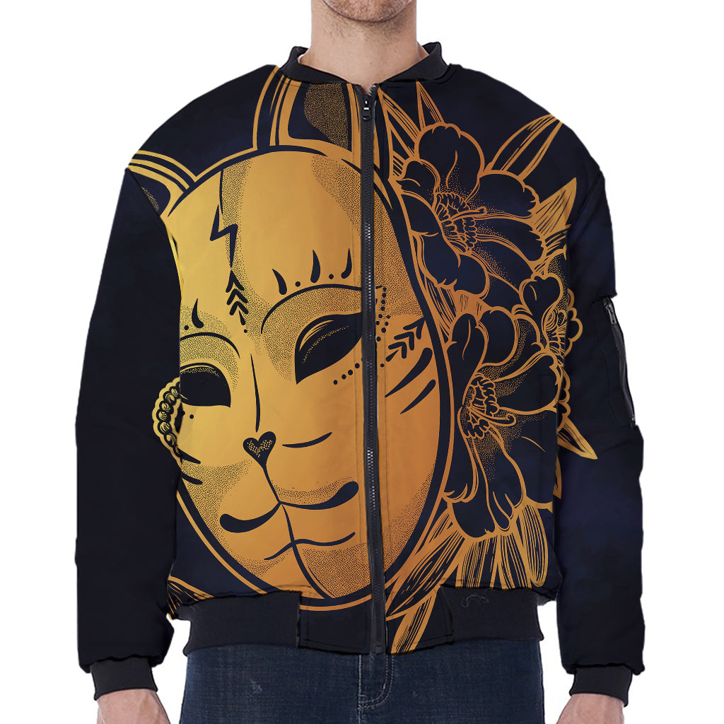 Japanese Fox Mask Print Zip Sleeve Bomber Jacket