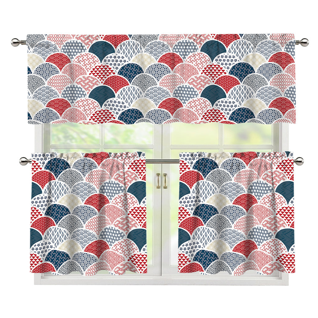 Japanese Geometric Pattern Print 3 Piece Kitchen Curtains