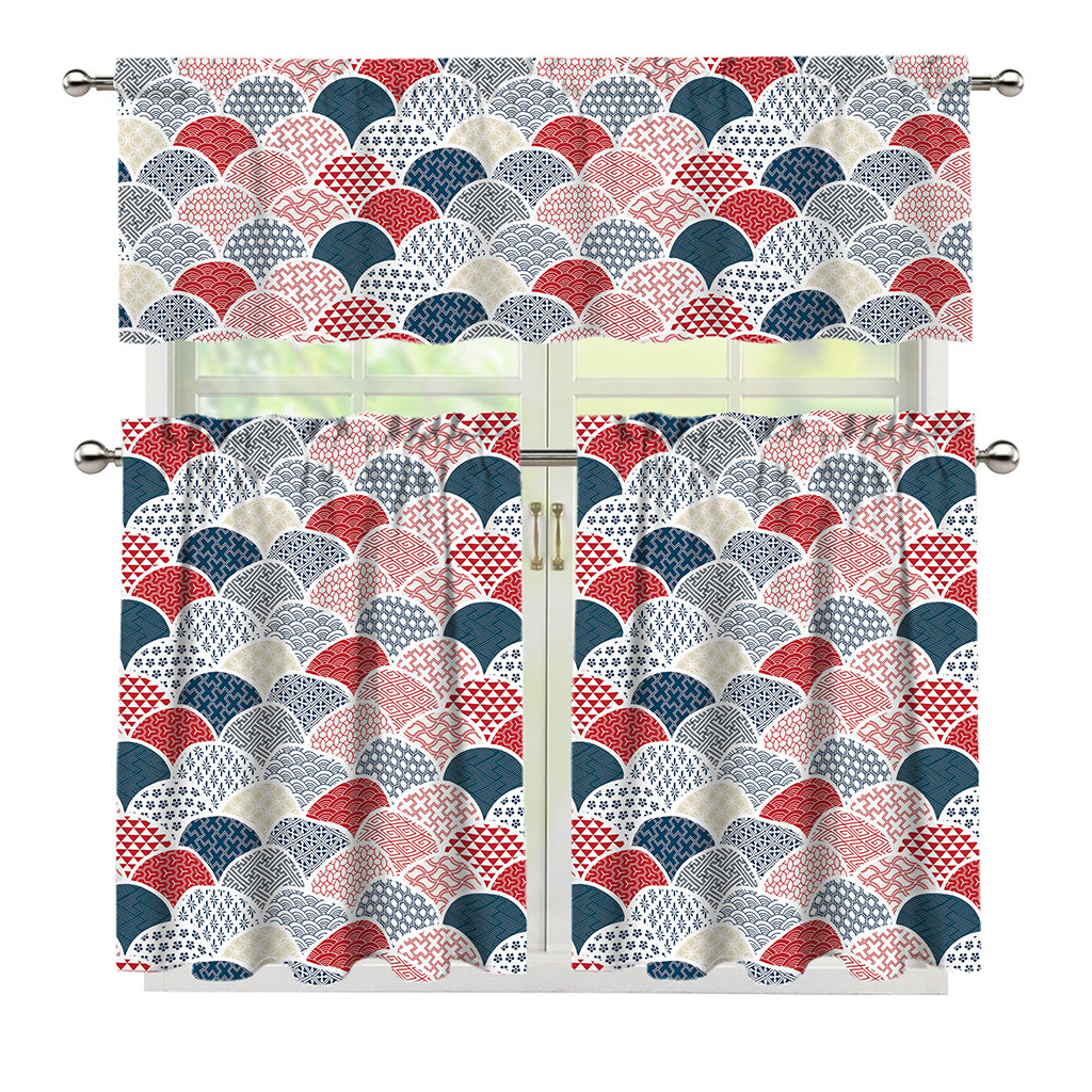 Japanese Geometric Pattern Print 3 Piece Kitchen Curtains