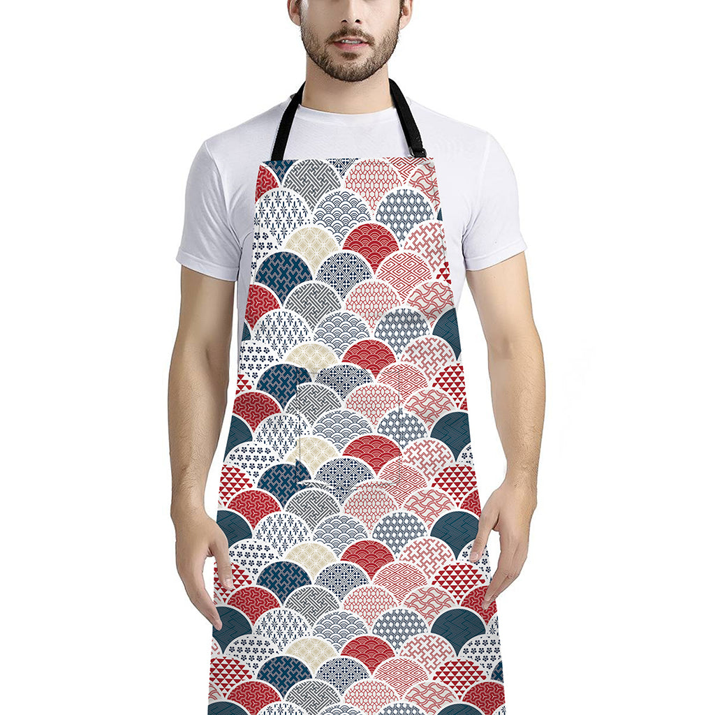 Japanese Geometric Pattern Print Bib Apron With Pocket