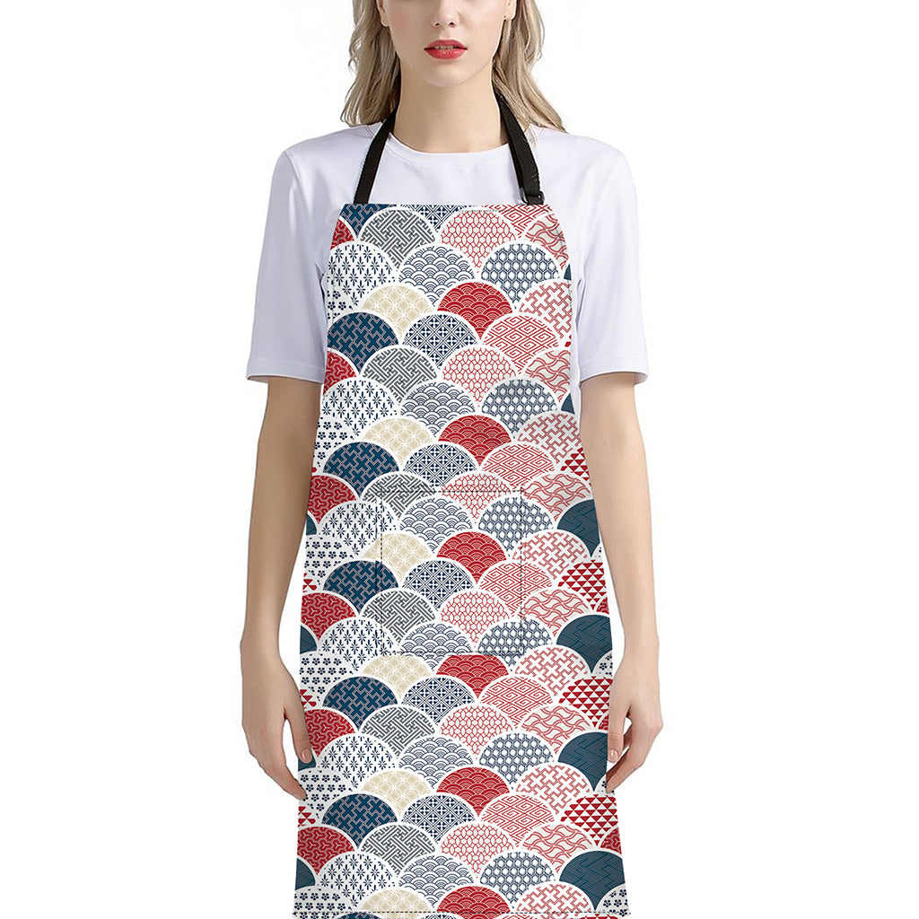 Japanese Geometric Pattern Print Bib Apron With Pocket