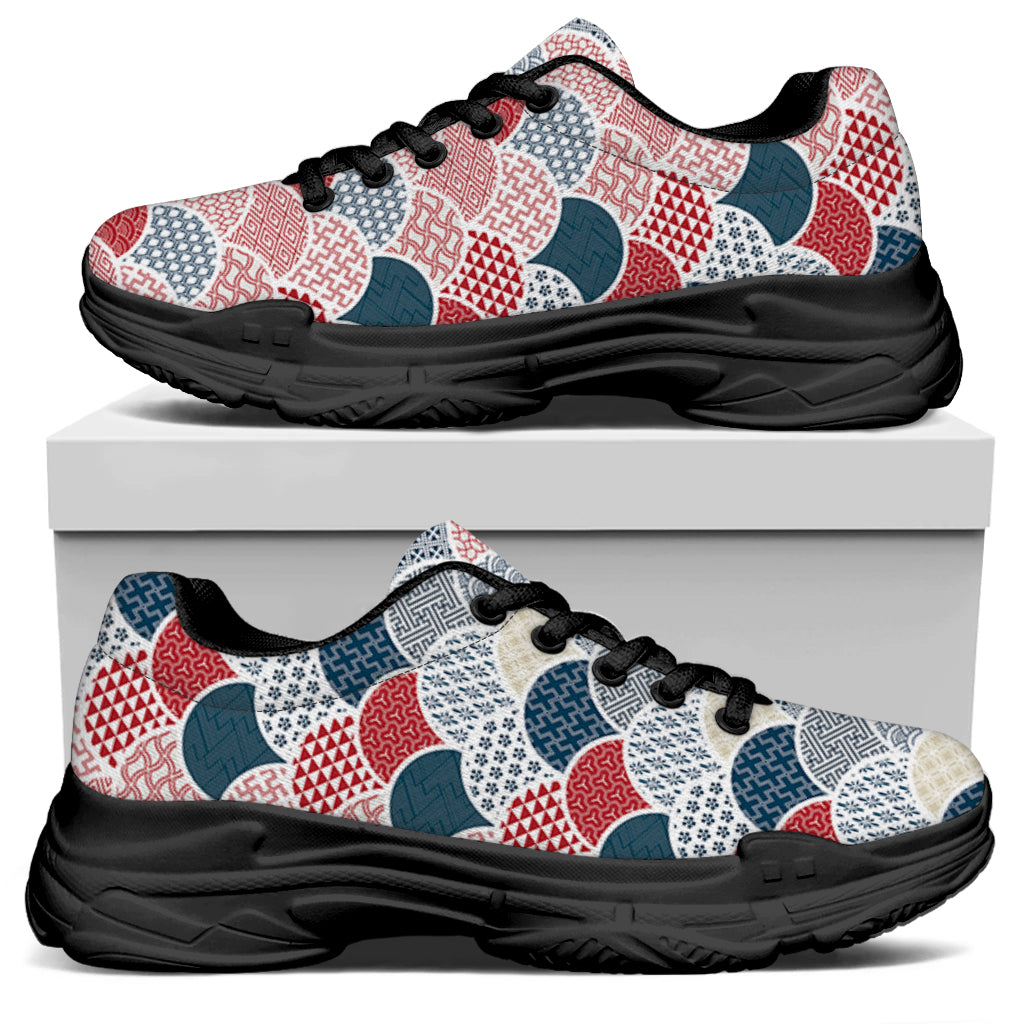 Japanese Geometric Pattern Print Black Chunky Shoes