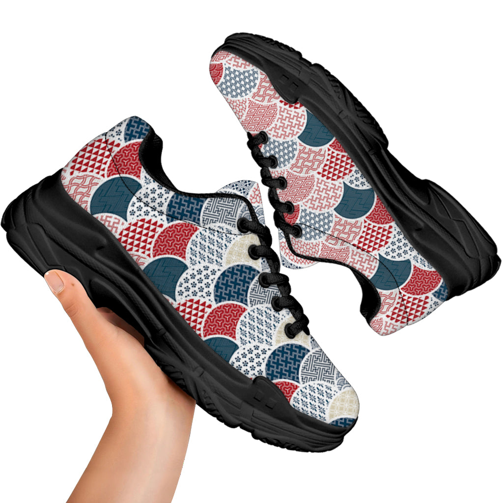 Japanese Geometric Pattern Print Black Chunky Shoes