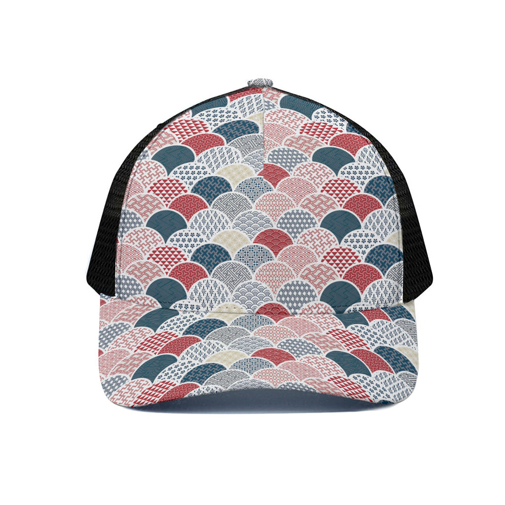 Japanese Geometric Pattern Print Black Mesh Trucker Cap
