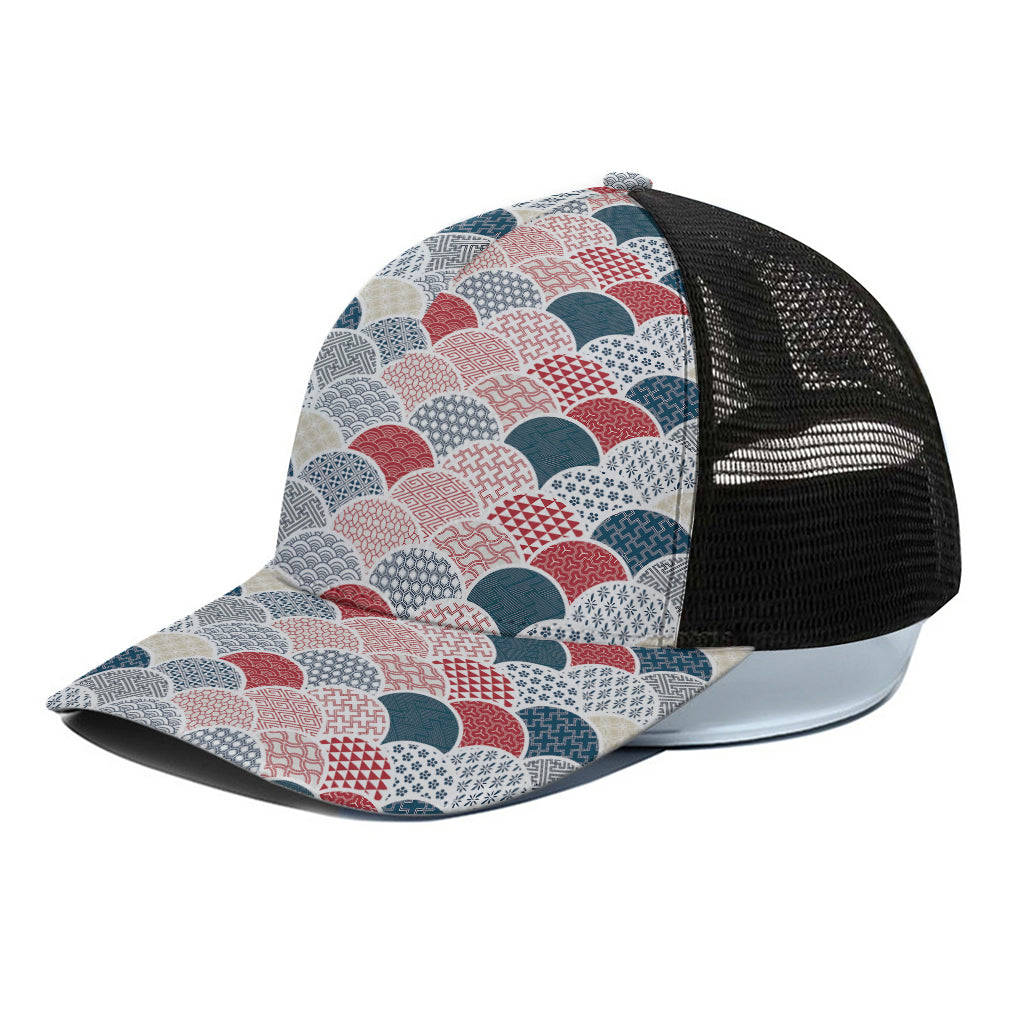 Japanese Geometric Pattern Print Black Mesh Trucker Cap