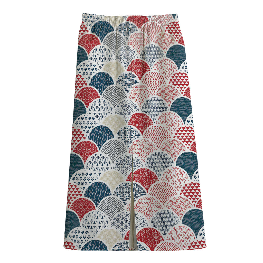 Japanese Geometric Pattern Print Cotton Front Slit Maxi Skirt
