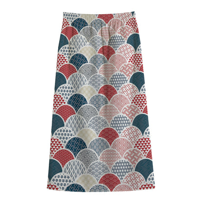 Japanese Geometric Pattern Print Cotton Front Slit Maxi Skirt