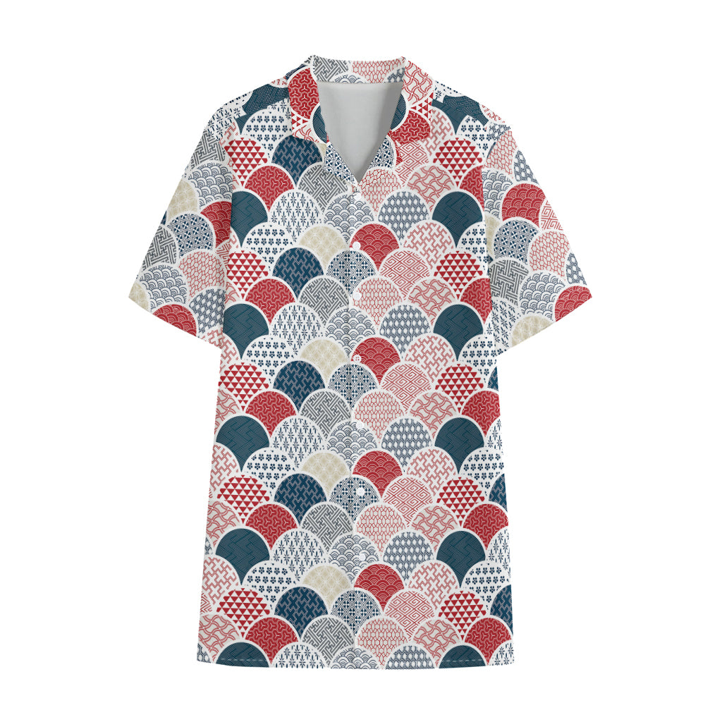 Japanese Geometric Pattern Print Cotton Hawaiian Shirt