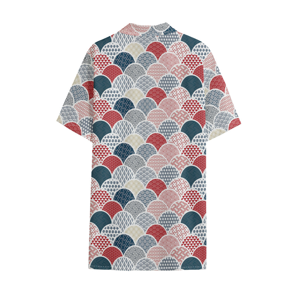 Japanese Geometric Pattern Print Cotton Hawaiian Shirt