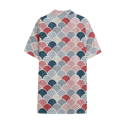 Japanese Geometric Pattern Print Cotton Hawaiian Shirt