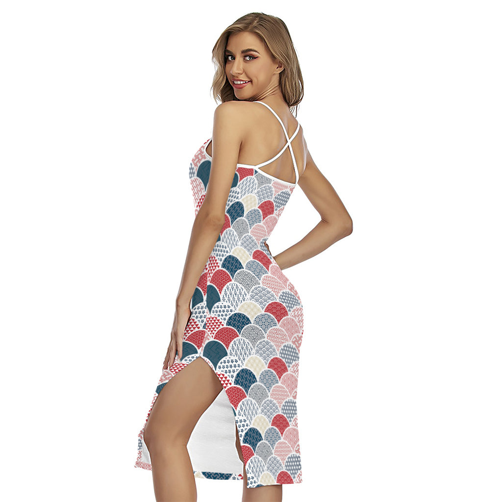 Japanese Geometric Pattern Print Cross Back Cami Dress