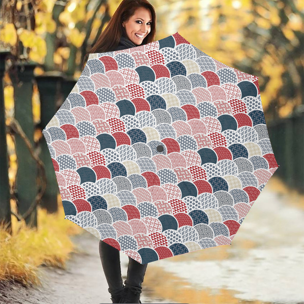 Japanese Geometric Pattern Print Foldable Umbrella