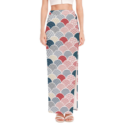 Japanese Geometric Pattern Print High Slit Maxi Skirt