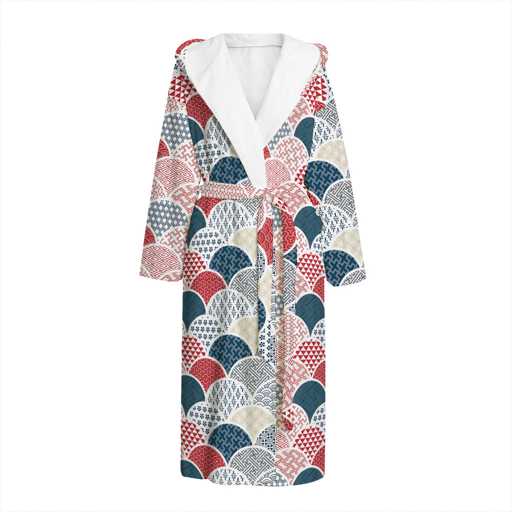 Japanese Geometric Pattern Print Hooded Bathrobe
