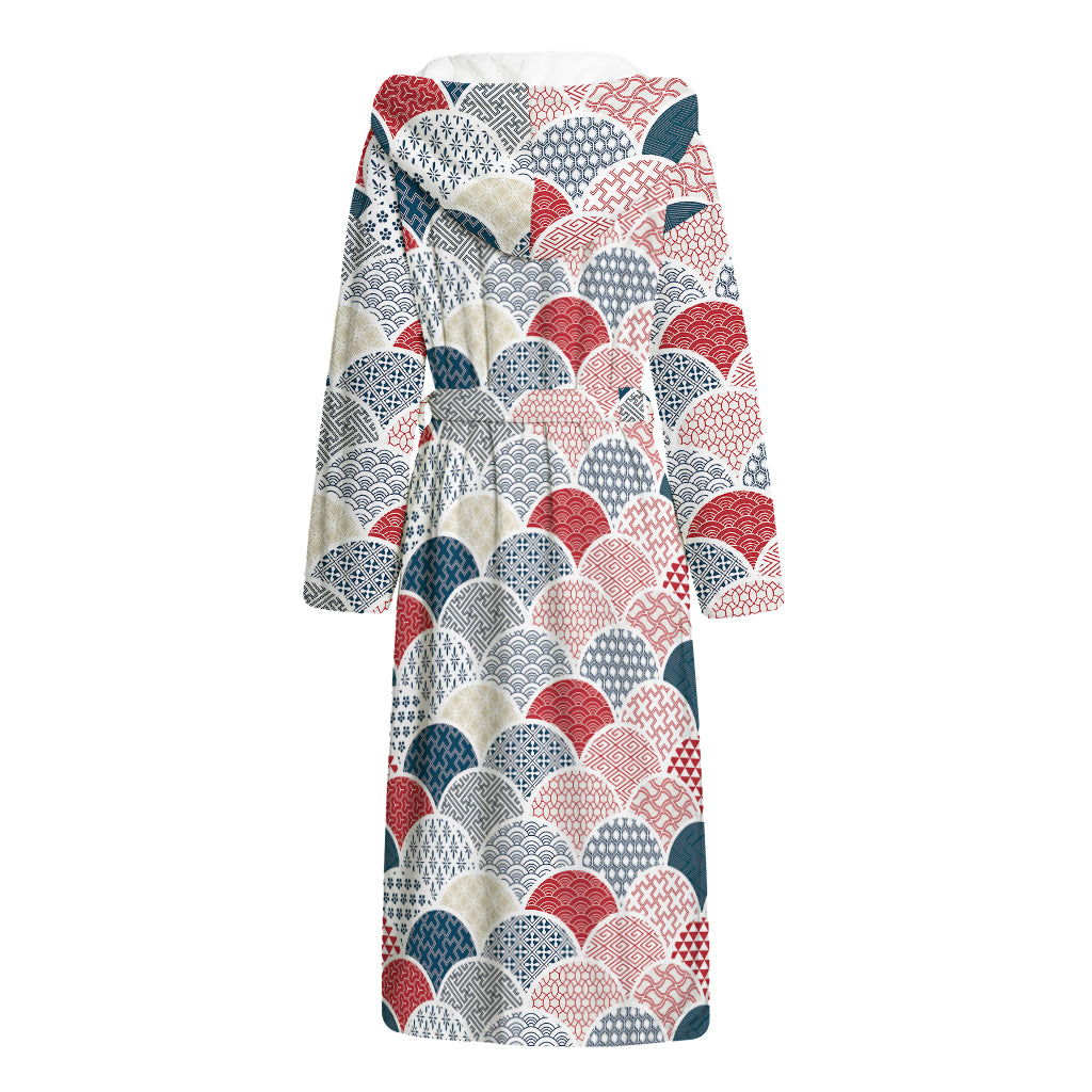 Japanese Geometric Pattern Print Hooded Bathrobe
