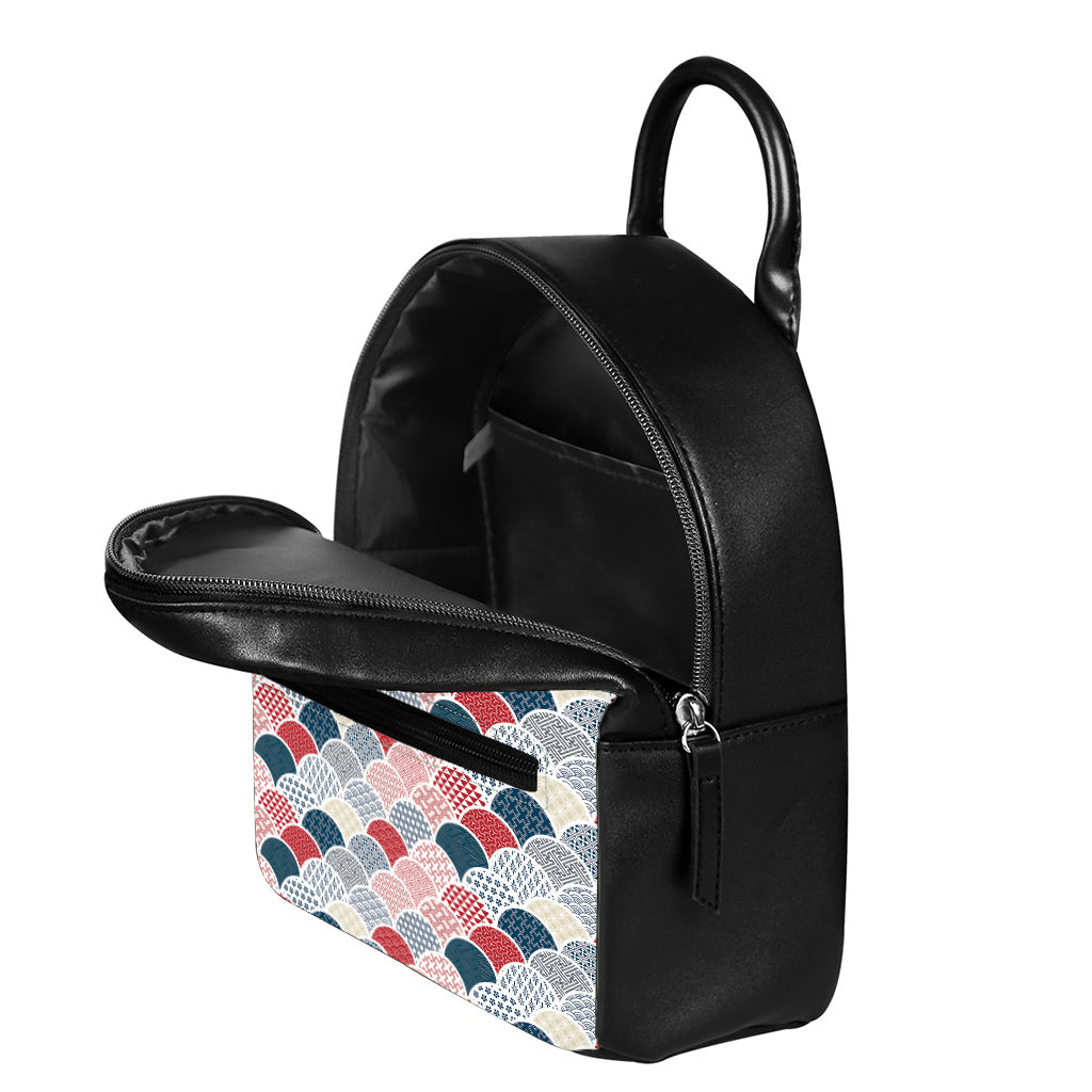 Japanese Geometric Pattern Print Leather Backpack