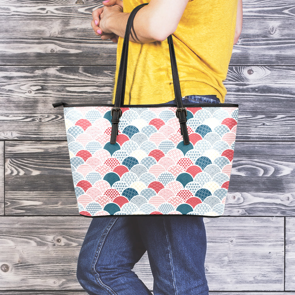 Japanese Geometric Pattern Print Leather Tote Bag