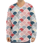 Japanese Geometric Pattern Print Long Sleeve Baseball Jersey