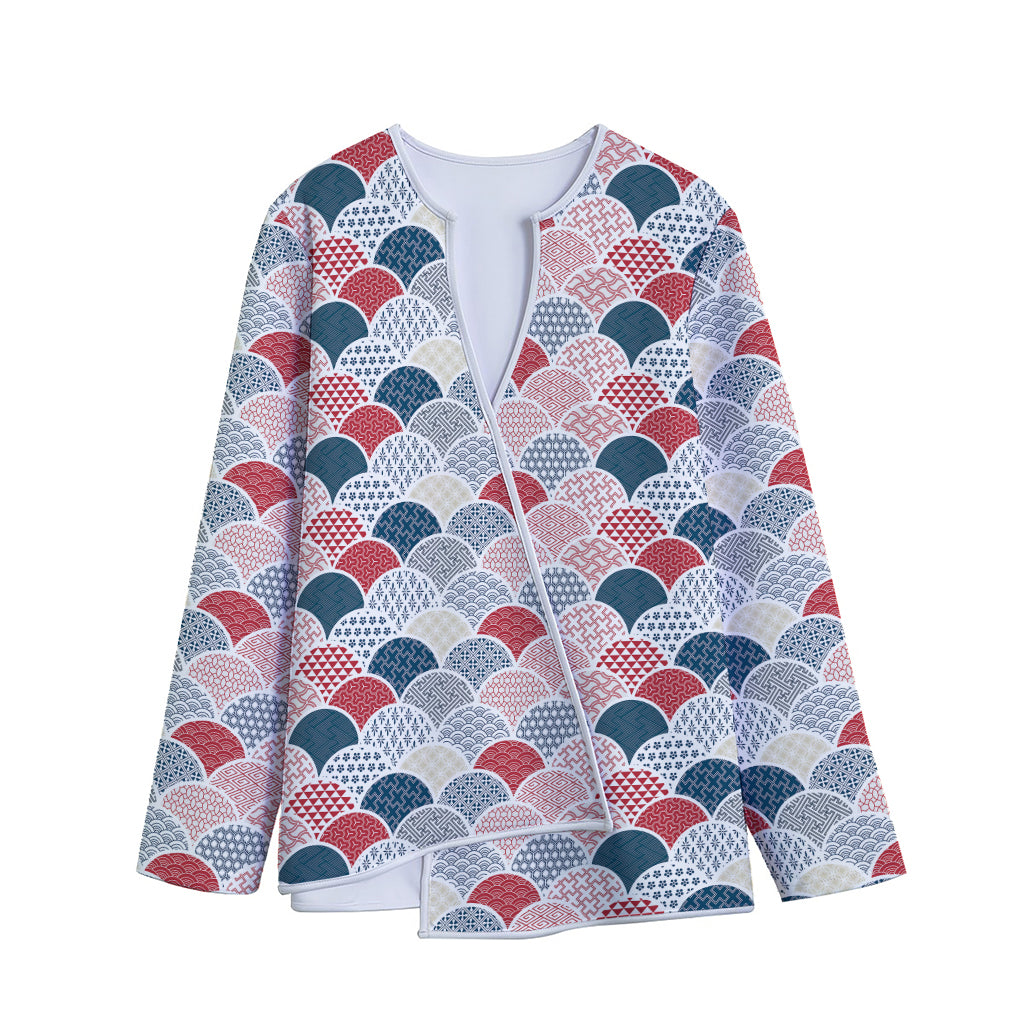 Japanese Geometric Pattern Print Long Sleeve Short Coat