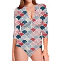 Japanese Geometric Pattern Print Long Sleeve Swimsuit