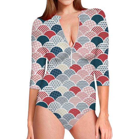 Japanese Geometric Pattern Print Long Sleeve Swimsuit