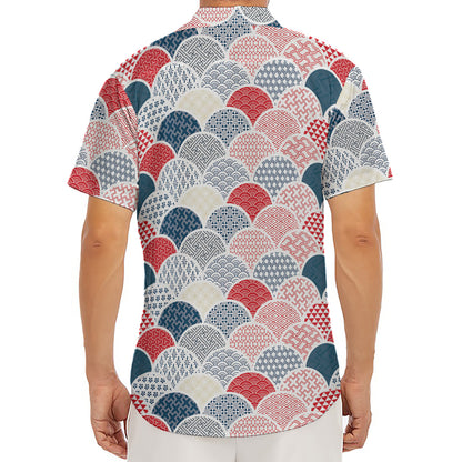 Japanese Geometric Pattern Print Men's Deep V-Neck Shirt