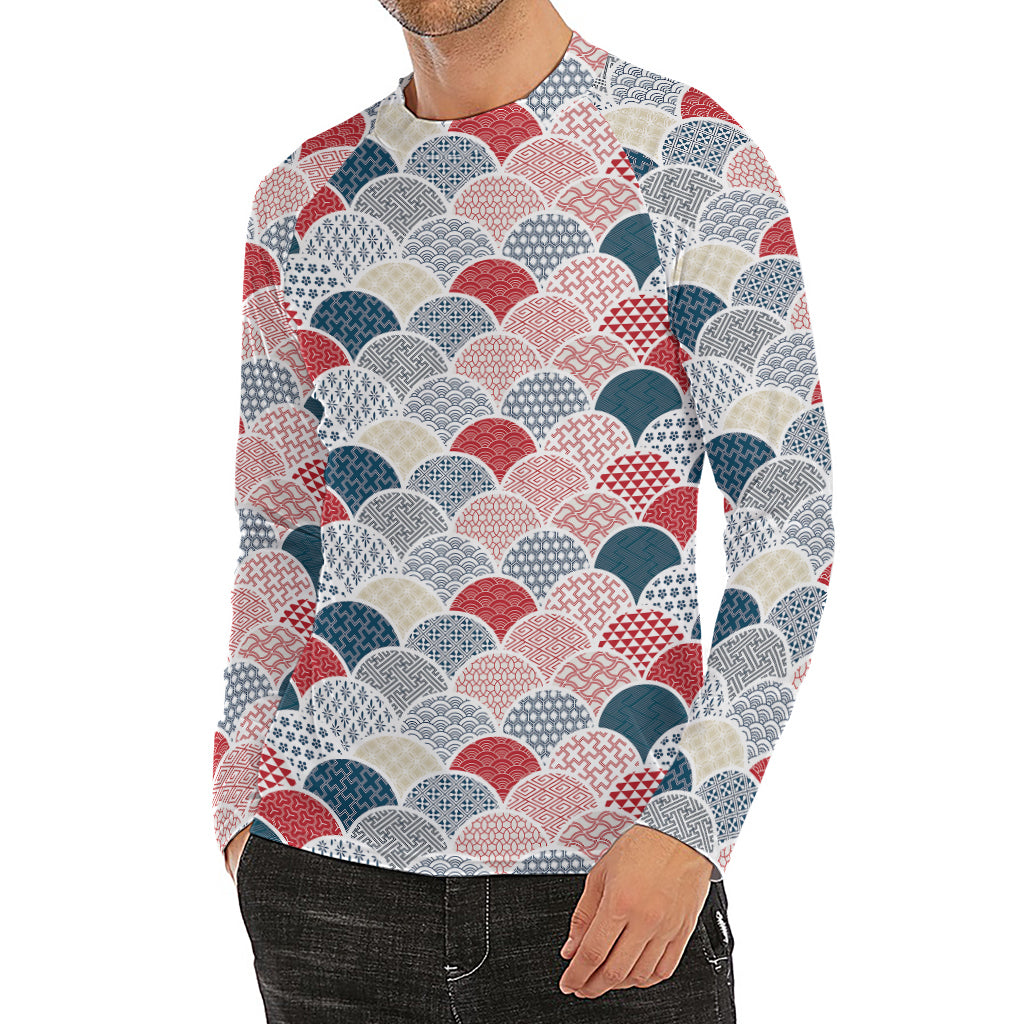 Japanese Geometric Pattern Print Men's Long Sleeve Rash Guard