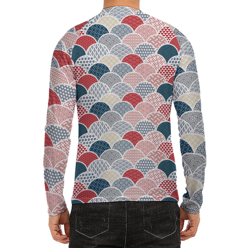 Japanese Geometric Pattern Print Men's Long Sleeve Rash Guard