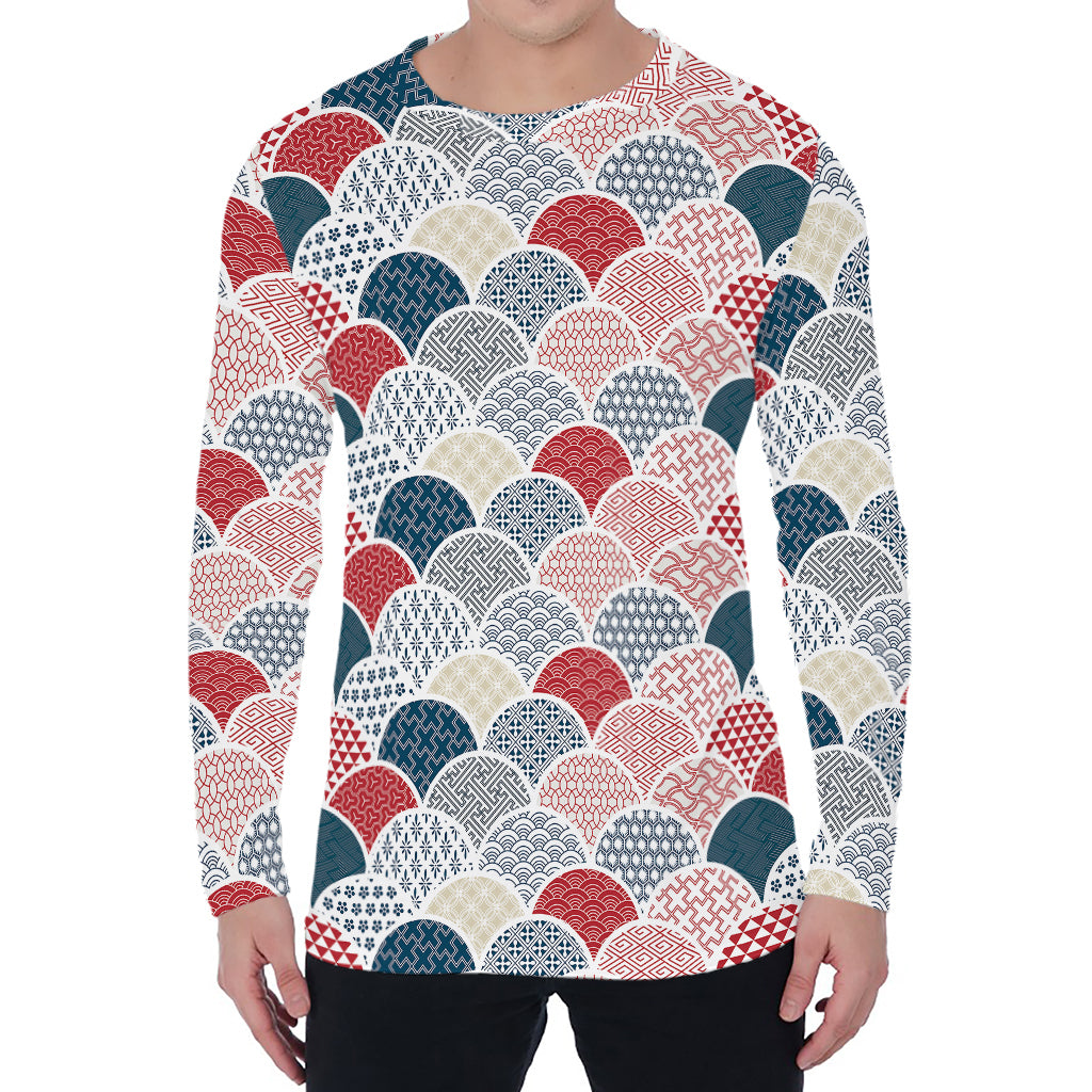 Japanese Geometric Pattern Print Men's Long Sleeve T-Shirt