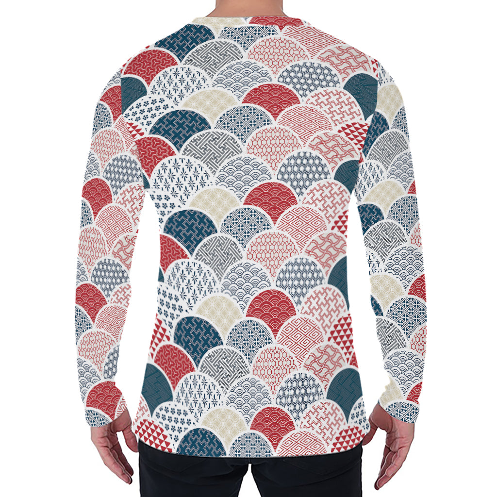 Japanese Geometric Pattern Print Men's Long Sleeve T-Shirt