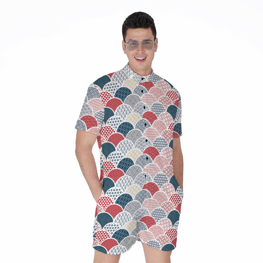Japanese Geometric Pattern Print Men's Rompers