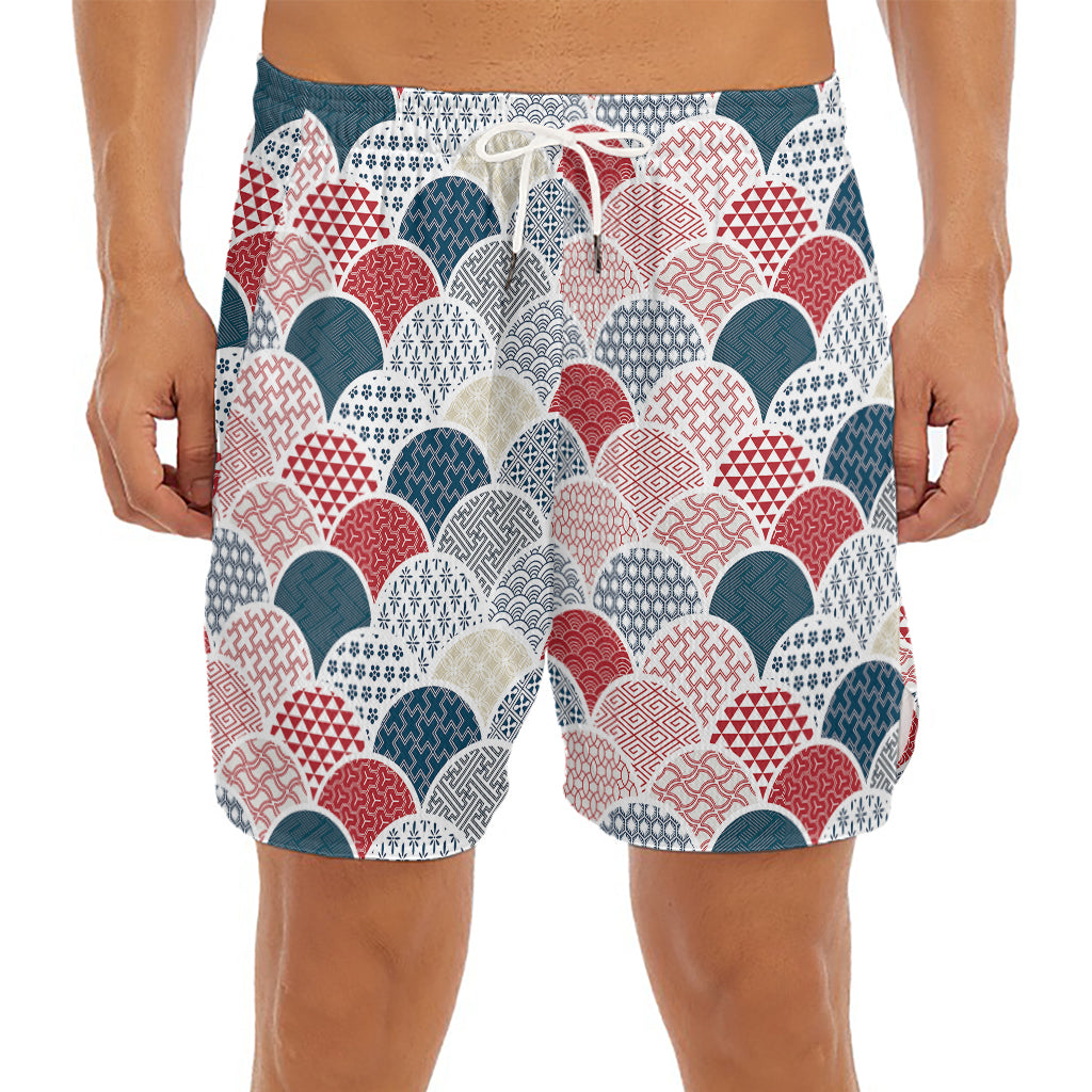Japanese Geometric Pattern Print Men's Split Running Shorts