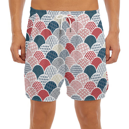 Japanese Geometric Pattern Print Men's Split Running Shorts