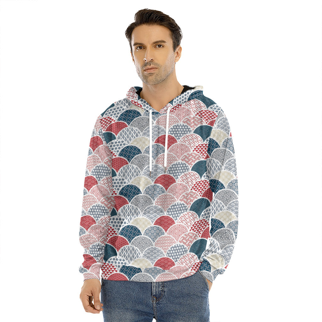 Japanese Geometric Pattern Print Men's Velvet Pullover Hoodie