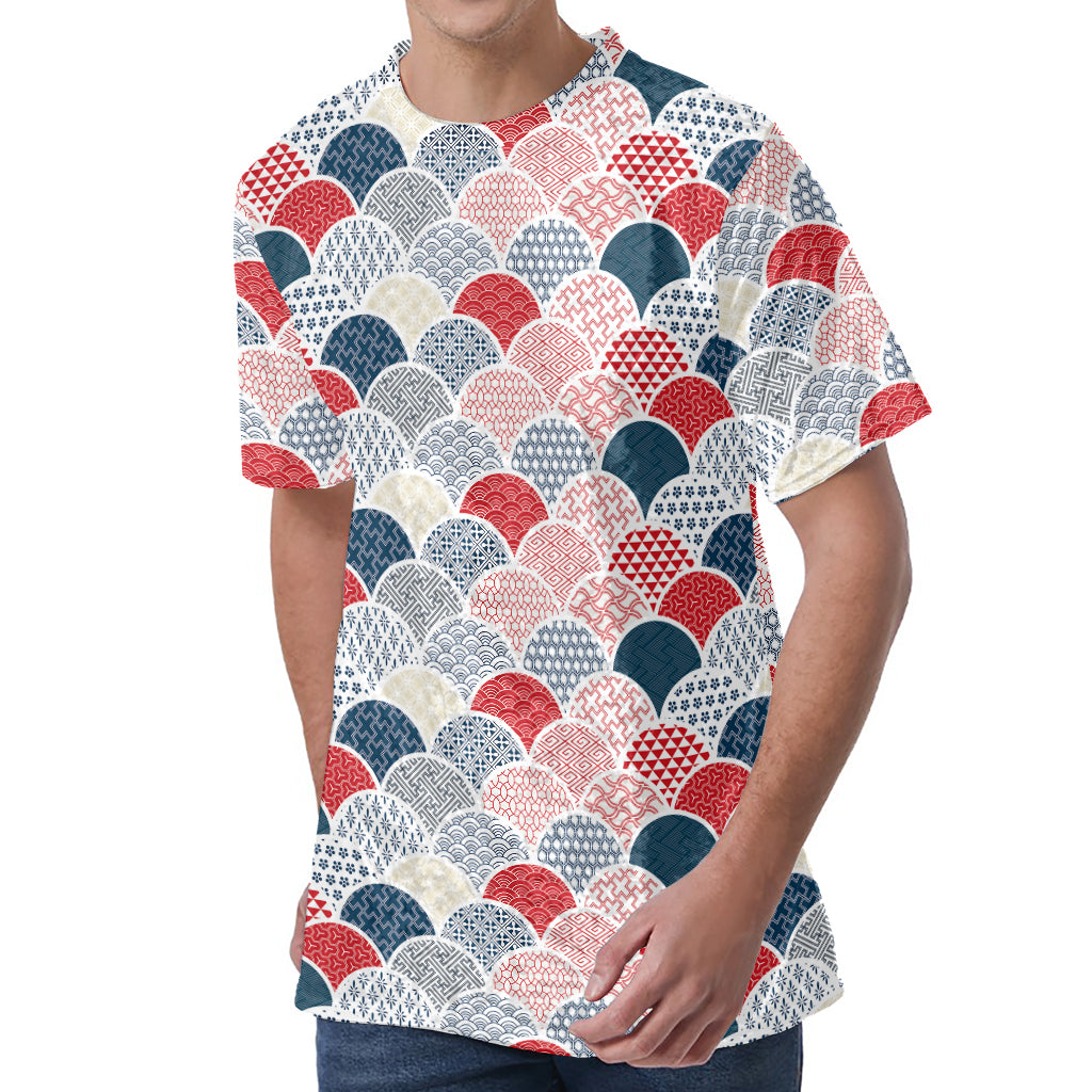 Japanese Geometric Pattern Print Men's Velvet T-Shirt