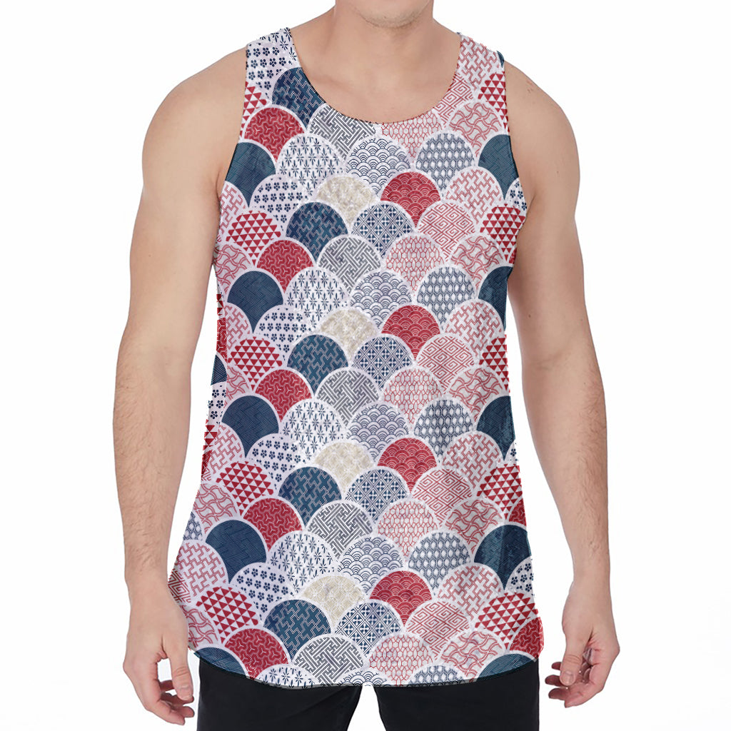 Japanese Geometric Pattern Print Men's Velvet Tank Top