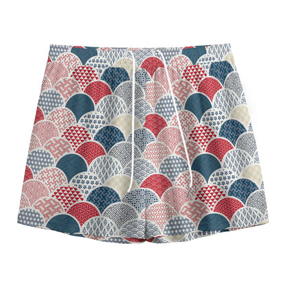 Japanese Geometric Pattern Print Mesh Shorts