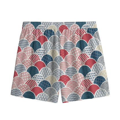 Japanese Geometric Pattern Print Mesh Shorts