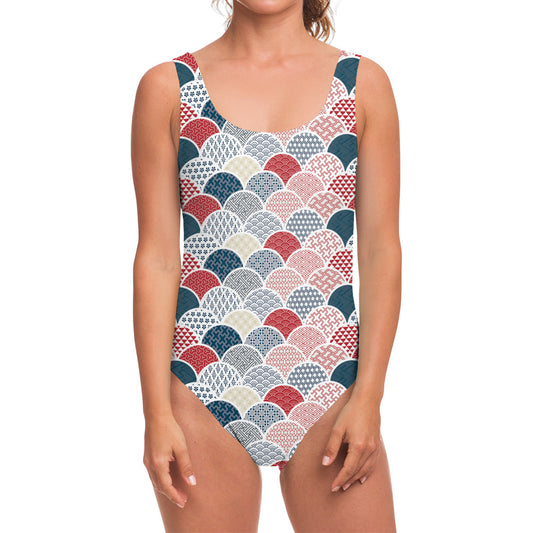 Japanese Geometric Pattern Print One Piece Swimsuit